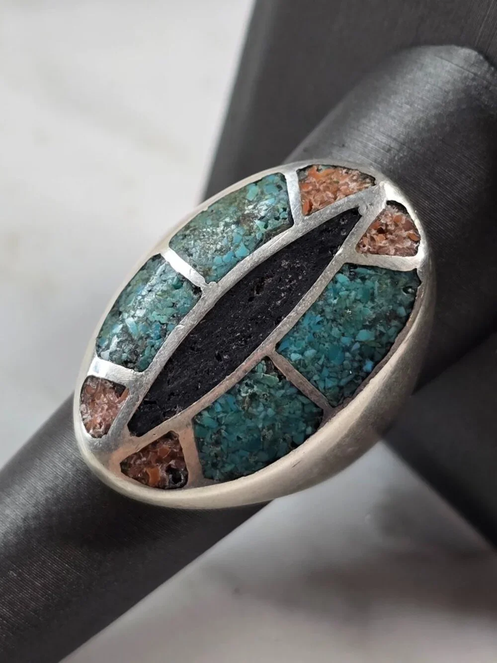 Mens Vintage Sterling Silver Southwestern Turquoise Coral Ring 30.7g E5555